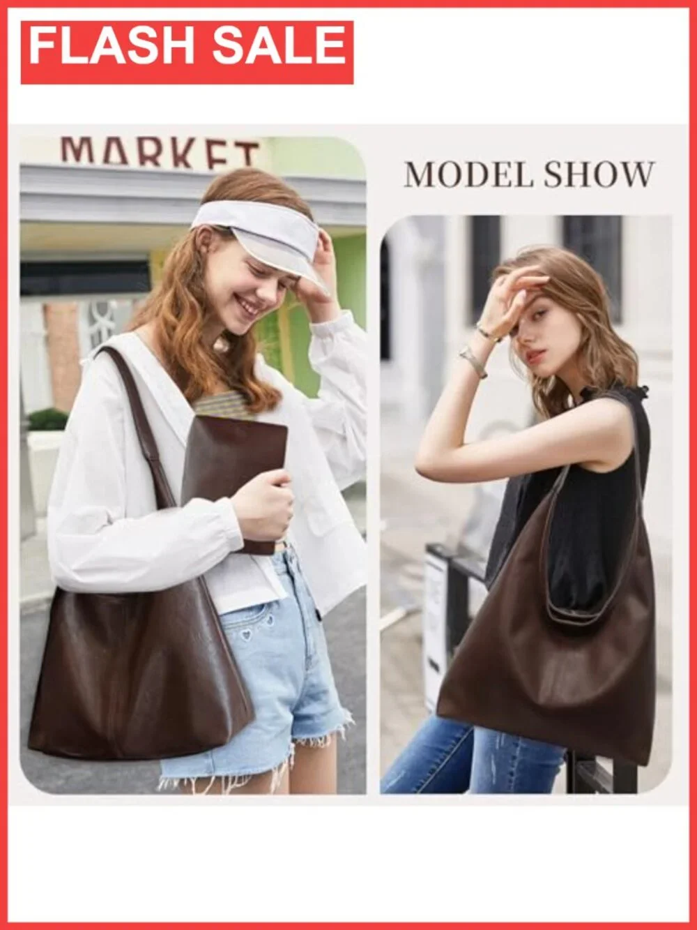 Vegan Leather Hobo Bag Slouchy Tote Retro Shoulder Handbag Large Work Purse 2pc